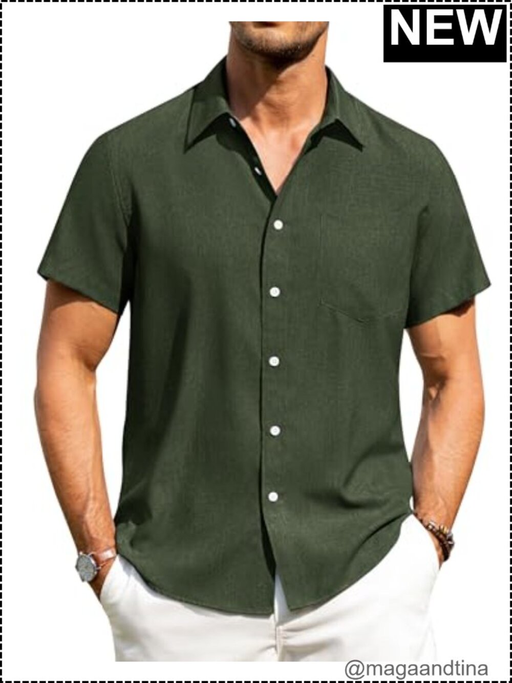 Men's Linen Button Down Shirt Short Sleeve Wrinkle Free Casual Beach Summer